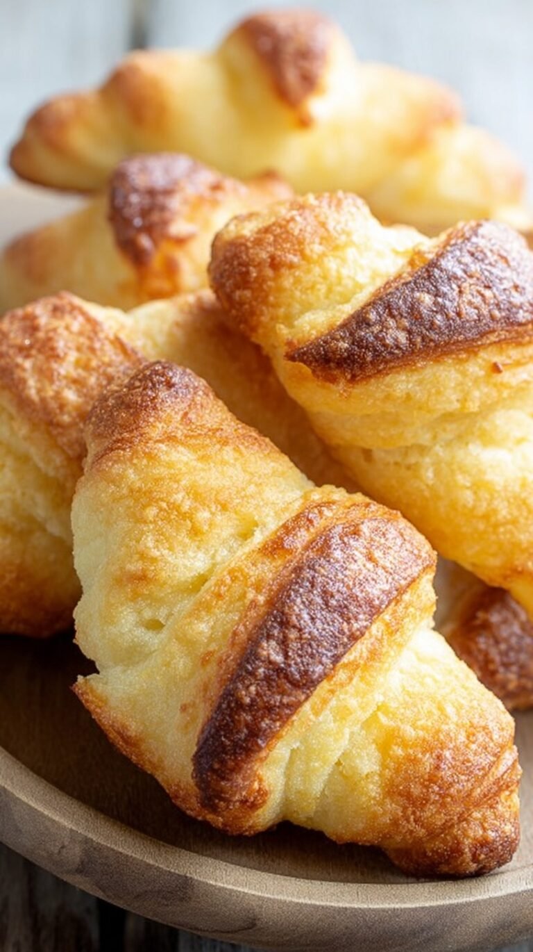 A basket of golden brown keto laminated croissants with visible flaky layers on a white linen napkin.