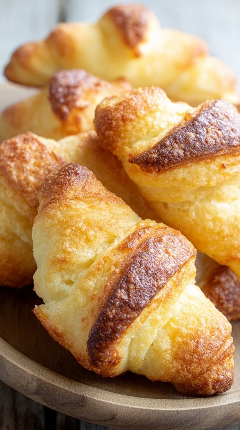 A basket of golden brown keto laminated croissants with visible flaky layers on a white linen napkin.