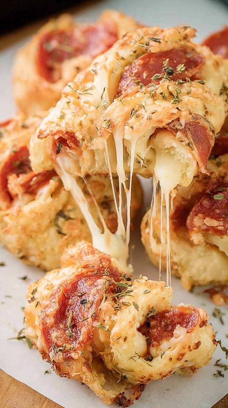 Golden brown keto pizza rolls filled with melted mozzarella and pepperoni on a baking sheet.