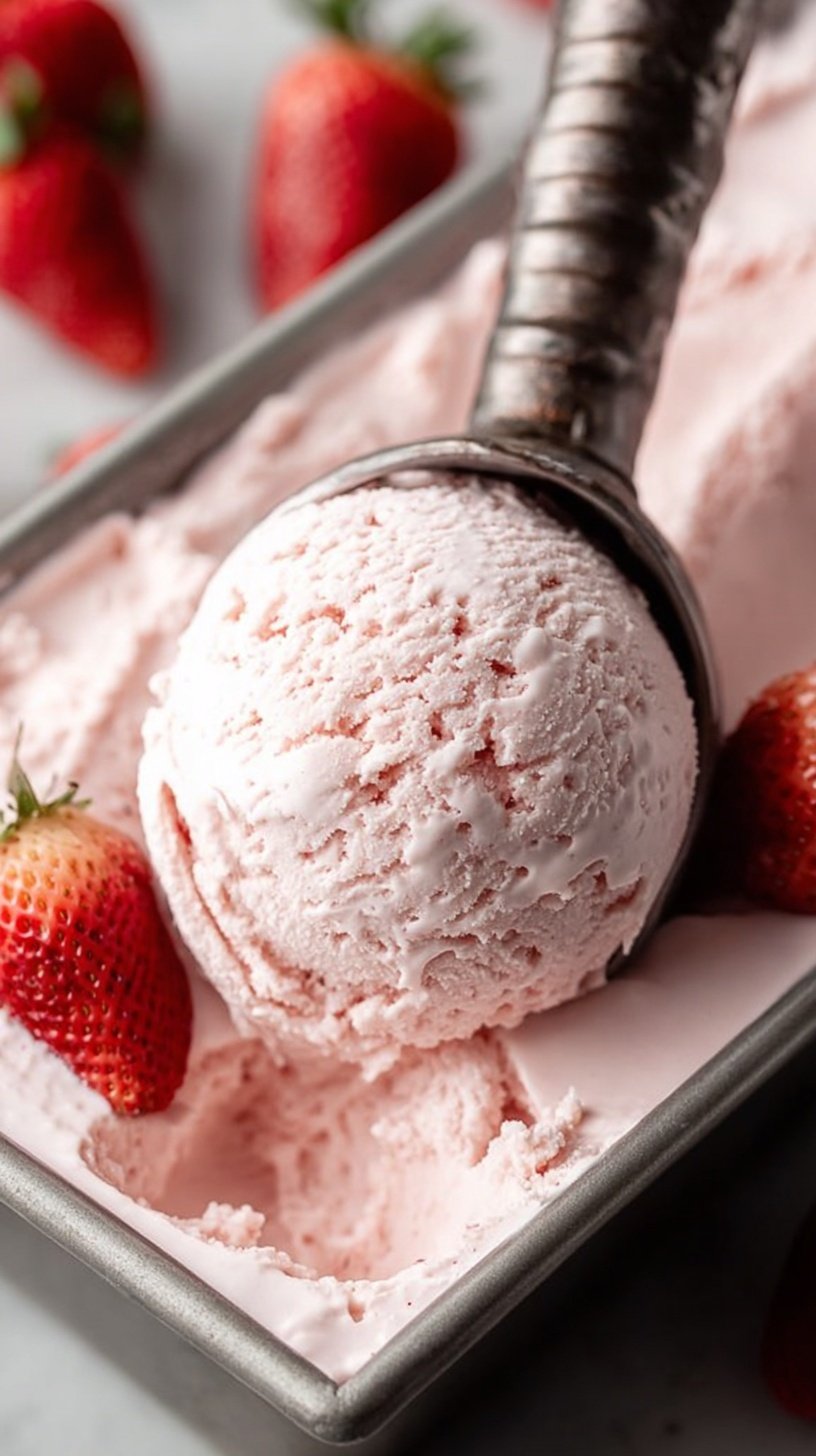 A scoop of pink keto strawberry ice cream in a white bowl with fresh berry slices