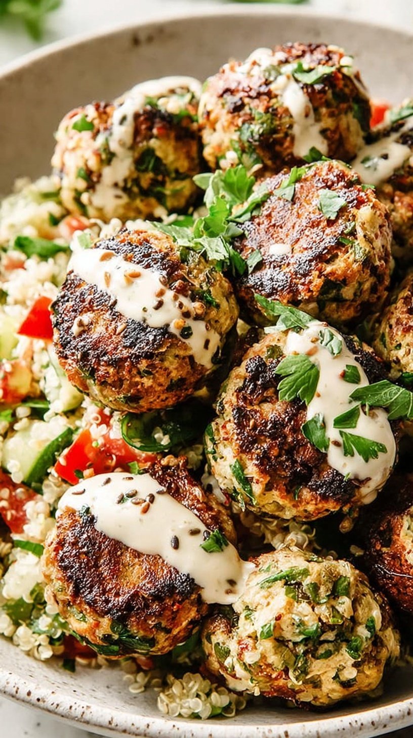 Golden brown keto cauliflower falafel balls served on a baking sheet with fresh herbs.