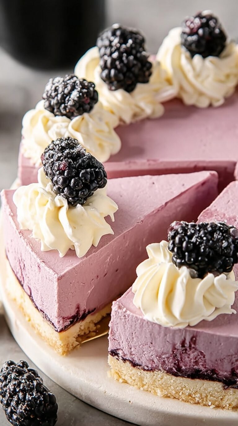 A slice of Keto Blackberry Cheesecake with a purple berry swirl on a white plate.