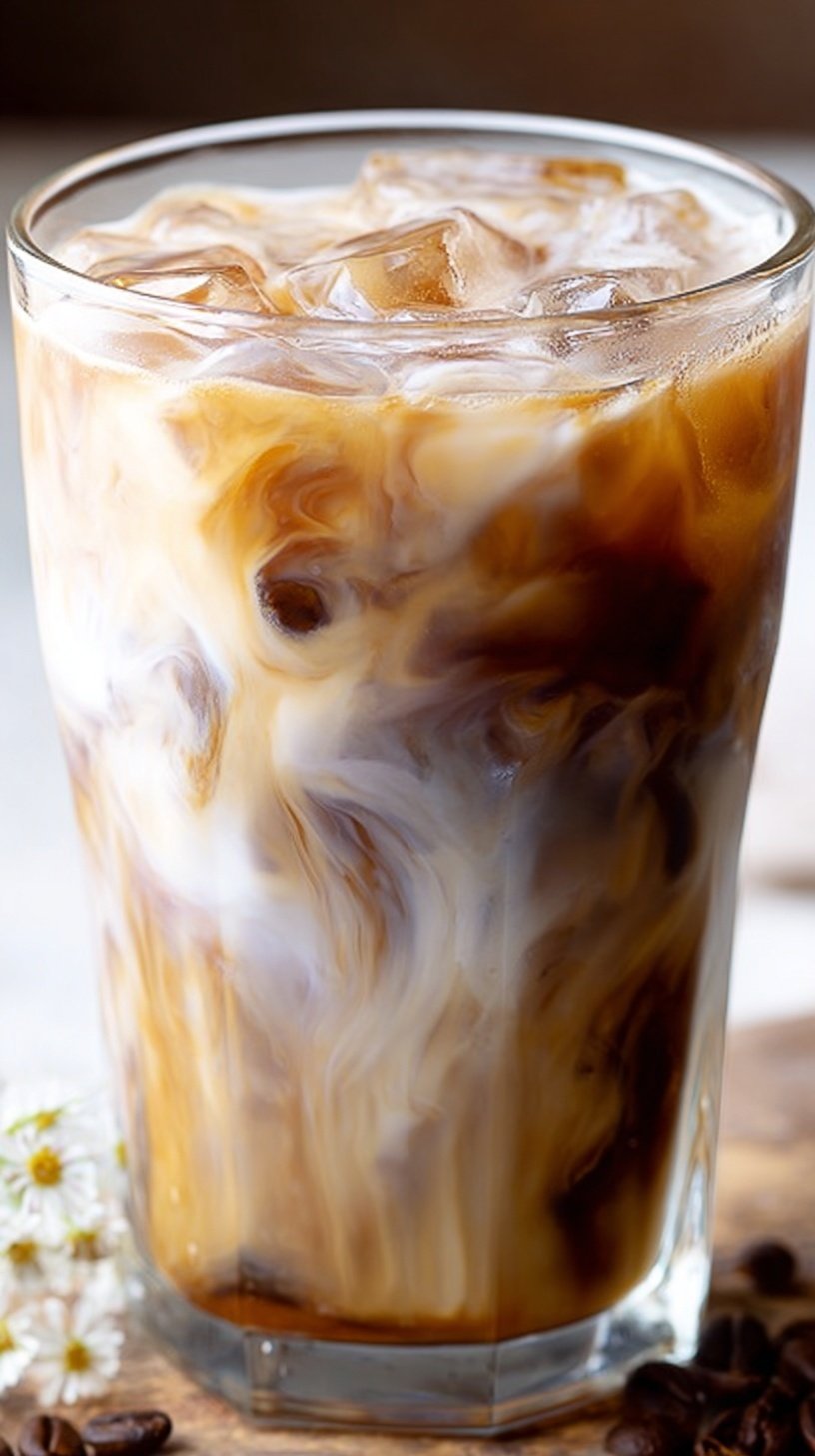 A tall glass of creamy keto iced coffee with ice cubes and a straw.