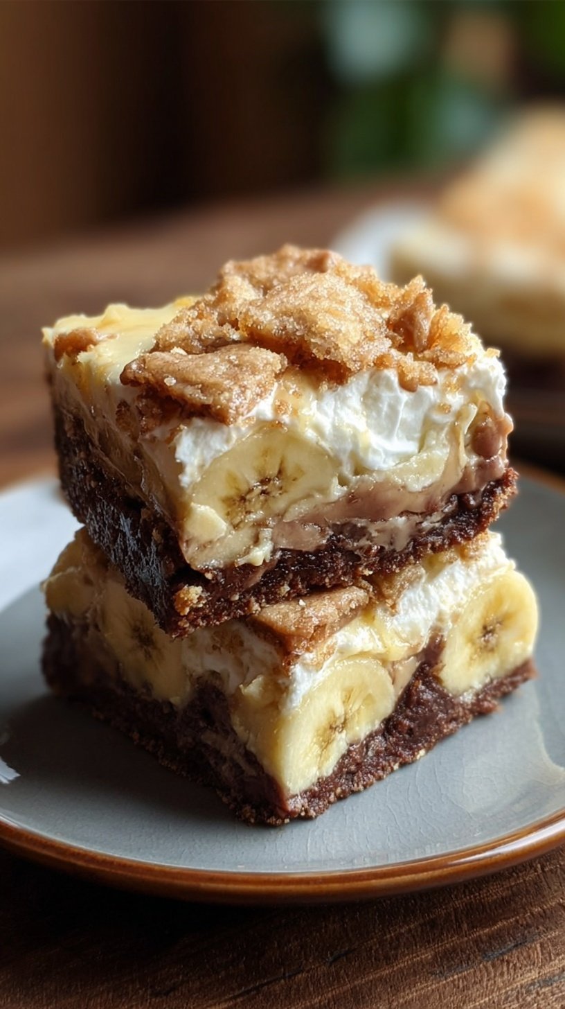 Golden banana pudding brownies topped with vanilla wafer cookies in a square baking pan