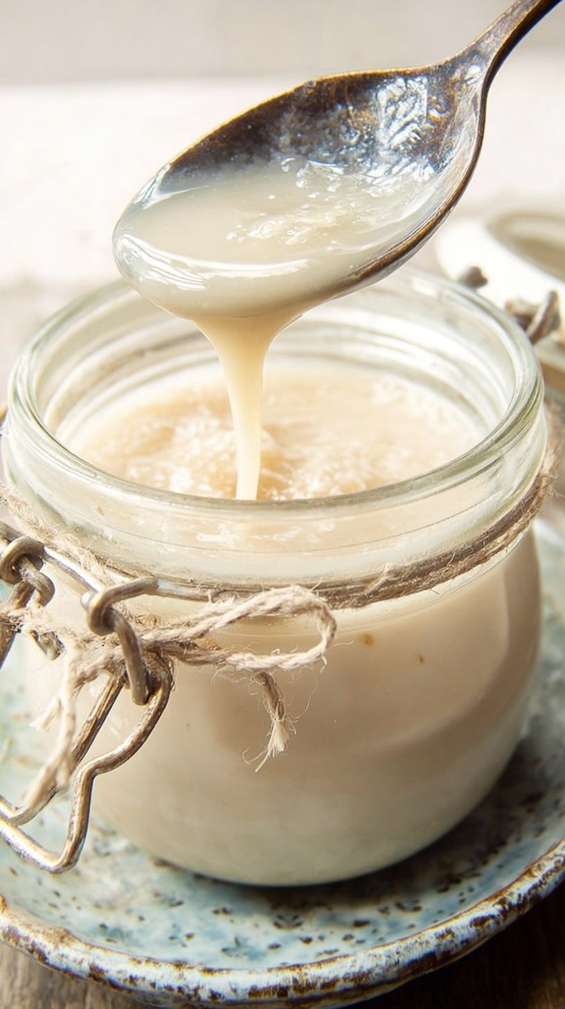 A glass jar filled with thick, creamy sugar free condensed milk on a wooden table.