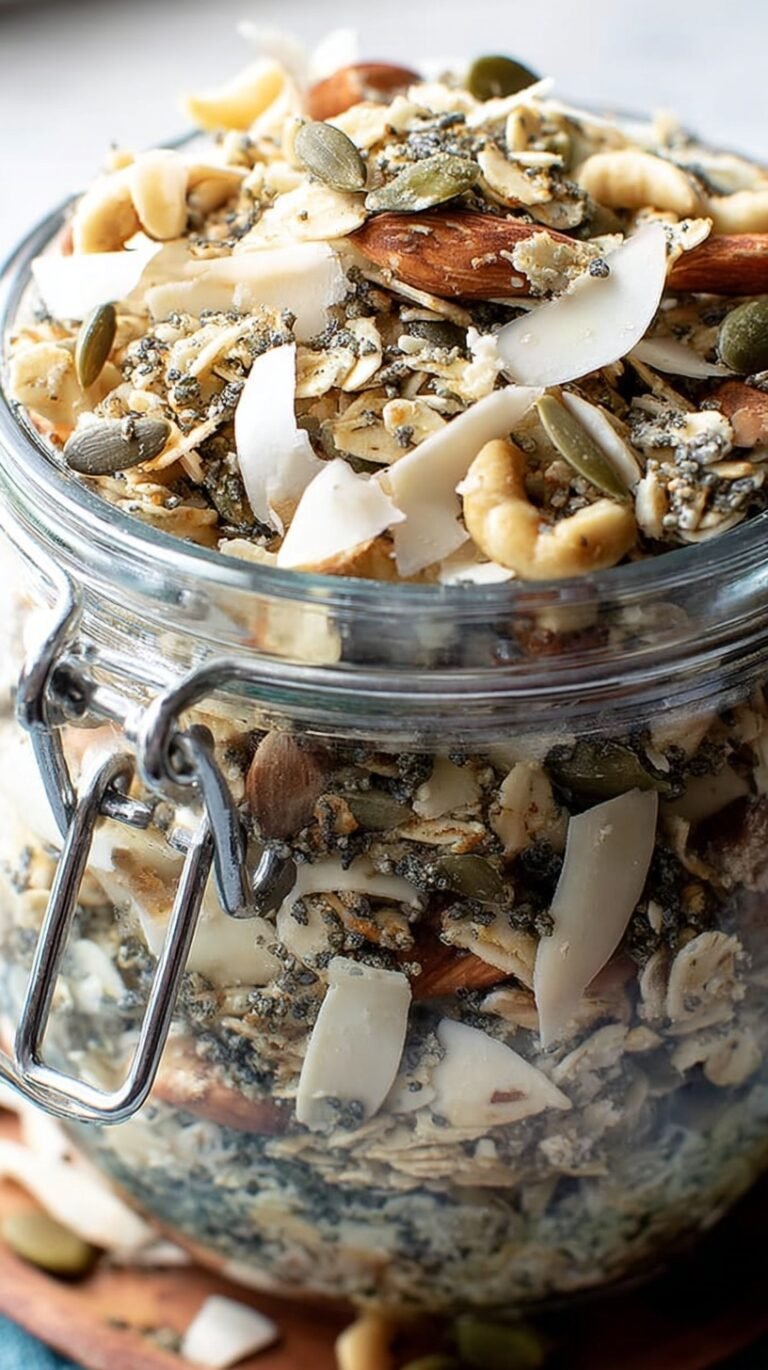 A glass jar filled with toasted keto muesli featuring almonds, pecans, and coconut flakes