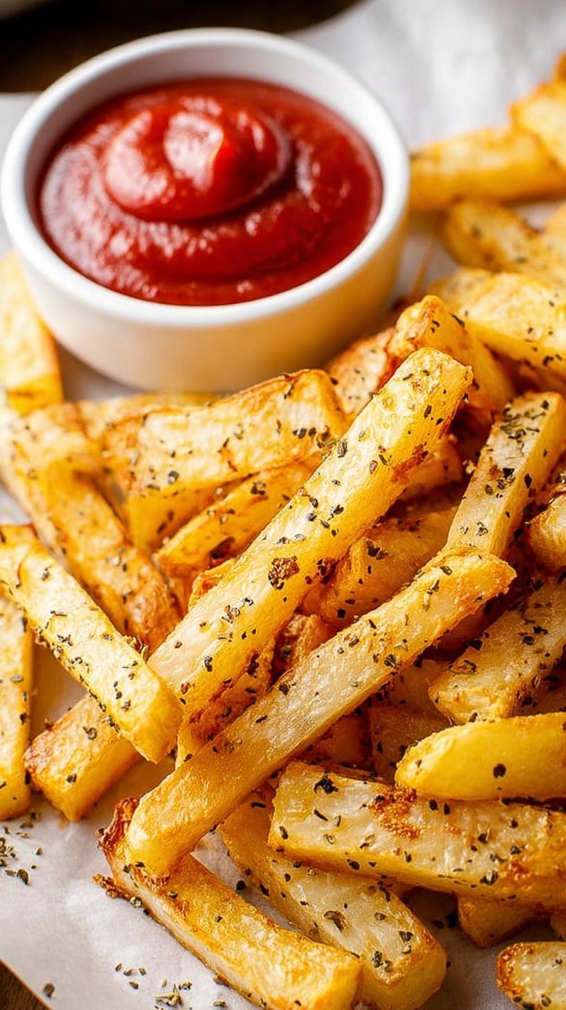 Golden brown and crispy air fryer turnip fries seasoned with smoked paprika and garlic on a white plate.
