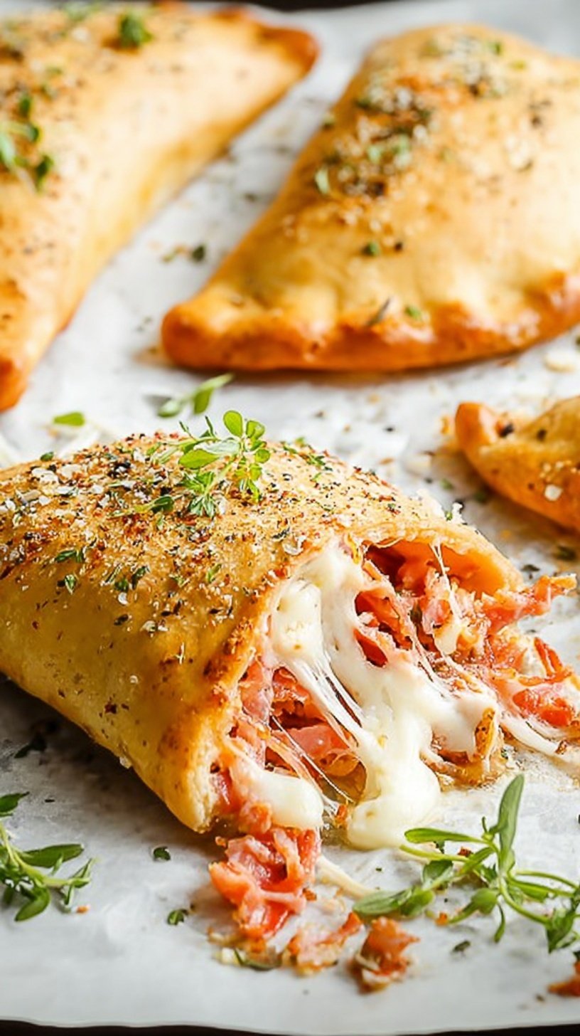 Two golden brown low carb keto calzones with melted cheese and pepperoni filling on a parchment-lined baking sheet.