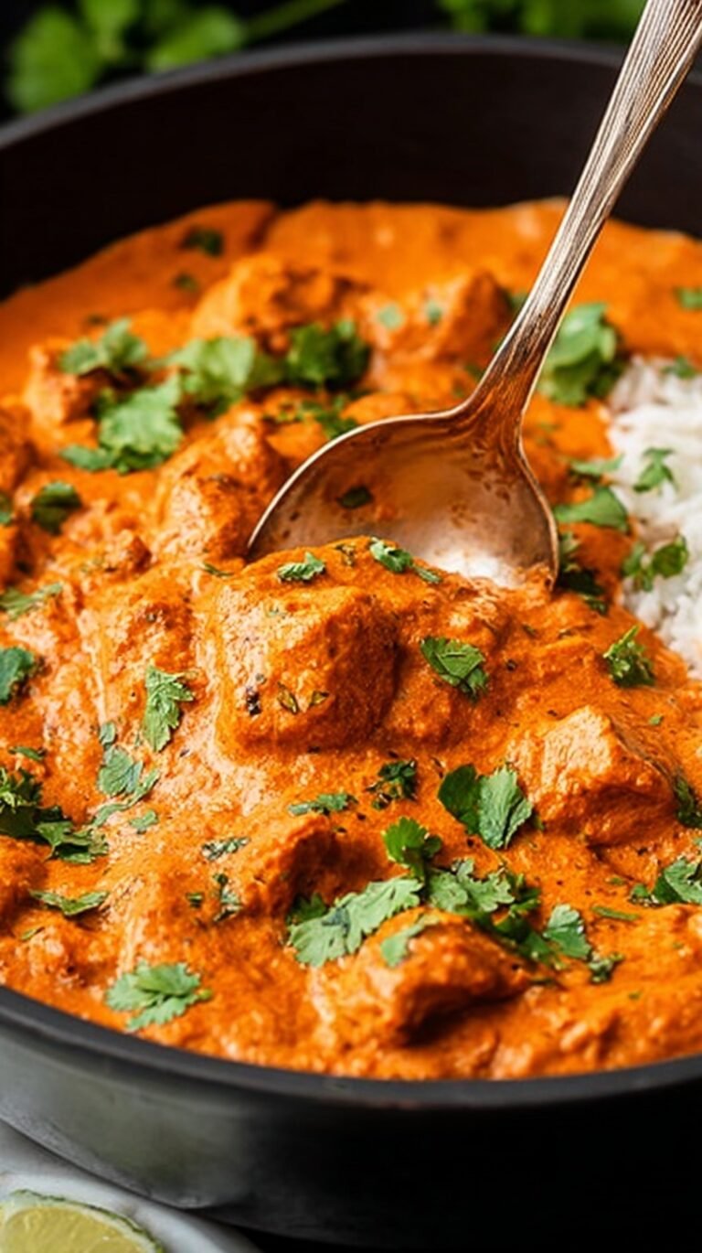 A bowl of creamy orange Keto Chicken Tikka Masala garnished with fresh cilantro