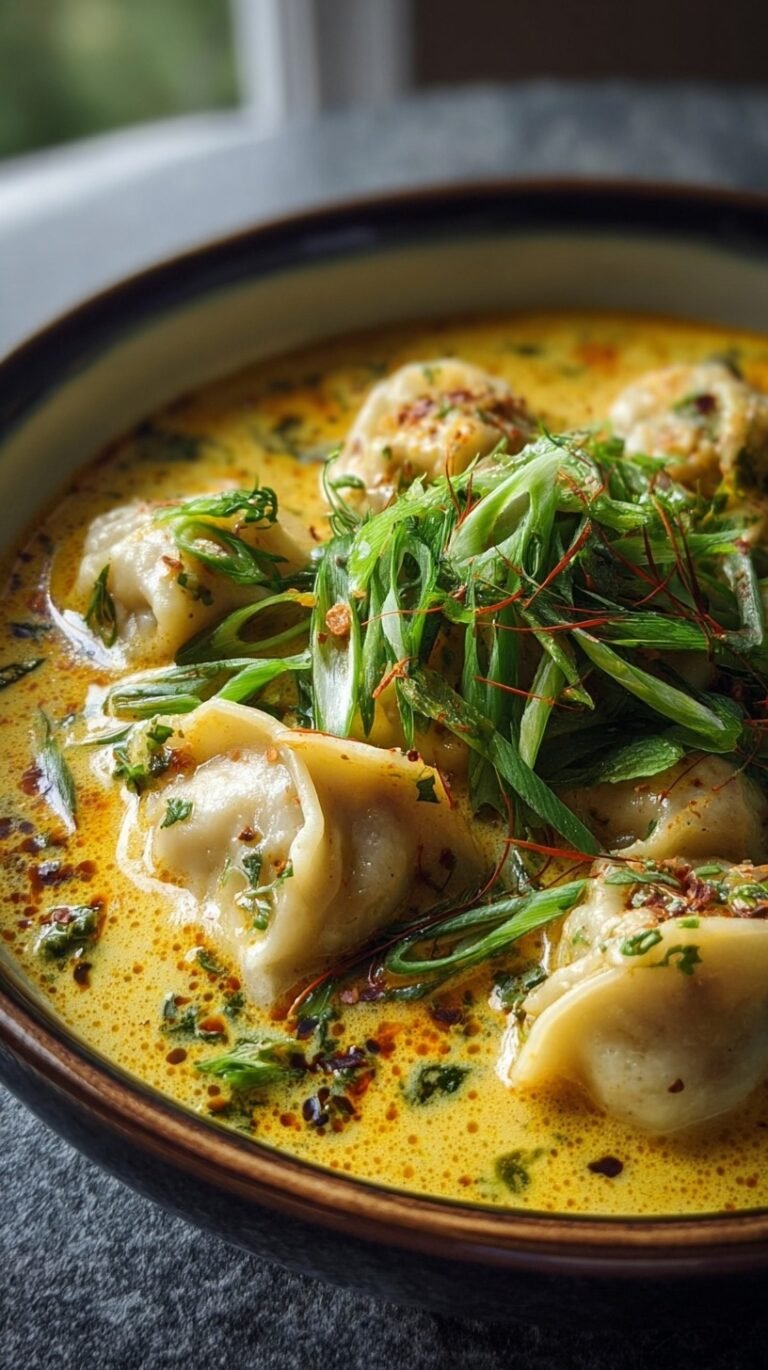 A steaming bowl of coconut curry soup with dumplings, bok choy, and fresh cilantro.