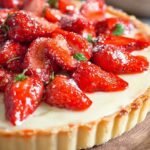 A beautiful keto strawberry tart with a golden almond crust and fresh berry slices