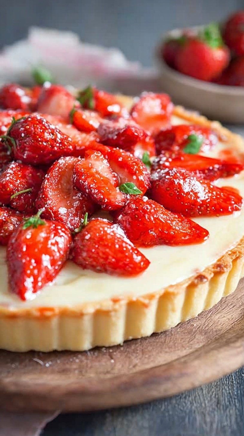 A beautiful keto strawberry tart with a golden almond crust and fresh berry slices