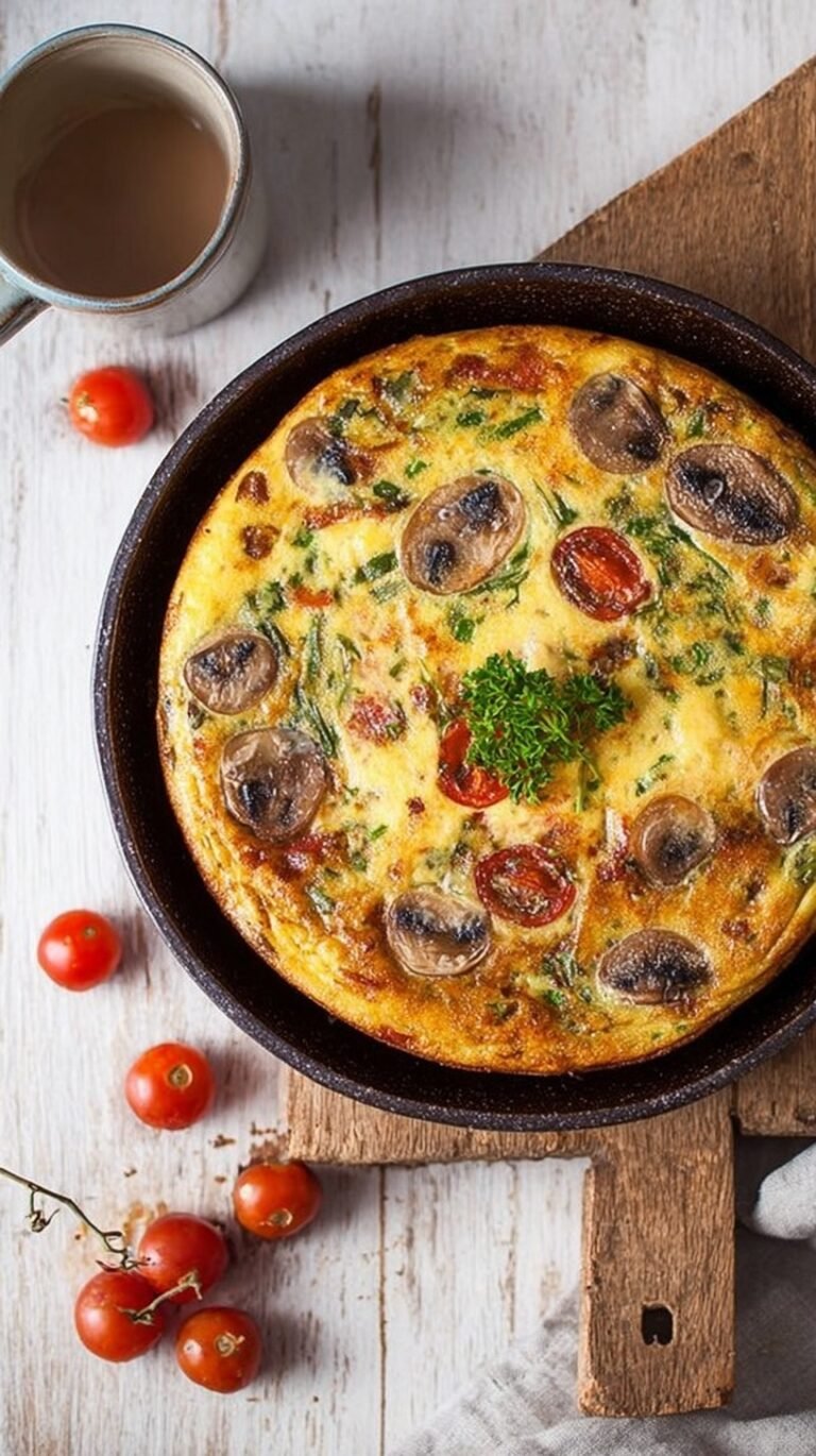 A golden brown Healthy English Breakfast Frittata in a cast iron skillet with tomatoes and turkey sausage.