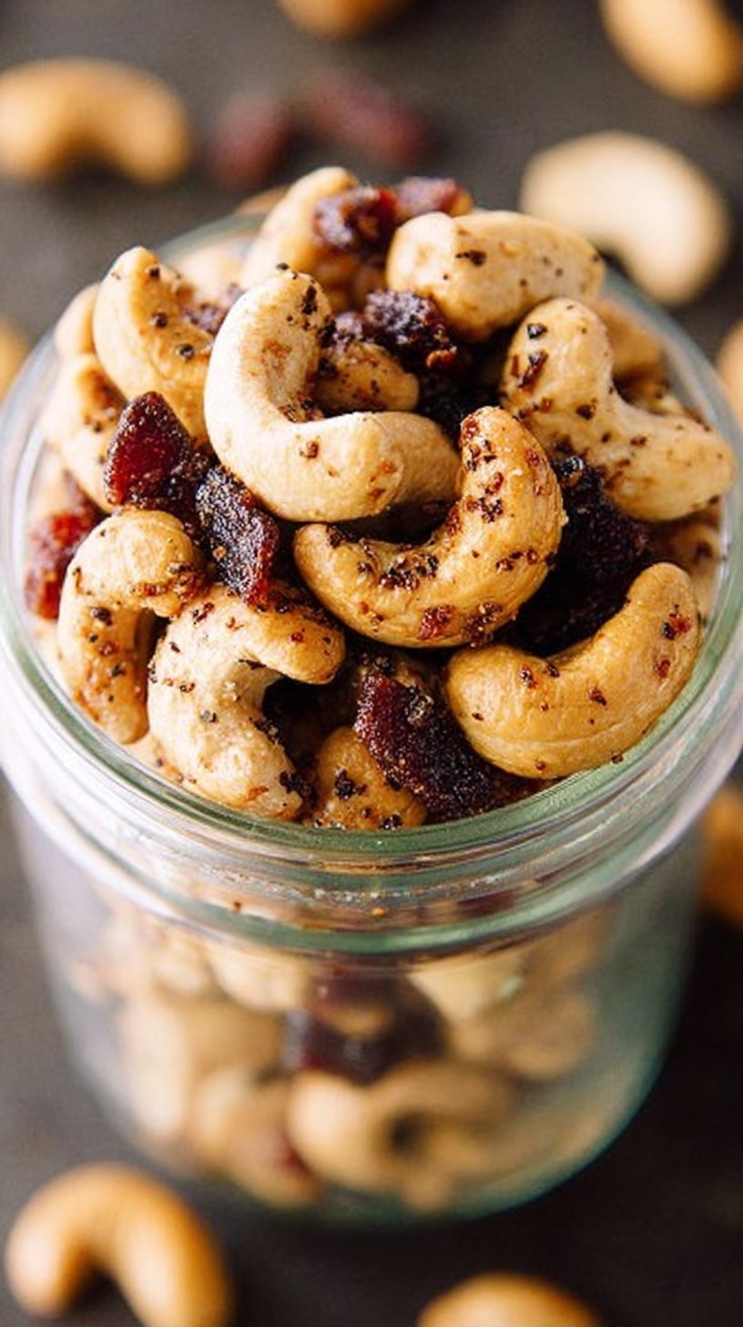Golden roasted cashews mixed with crispy bacon bits on a parchment-lined baking sheet.