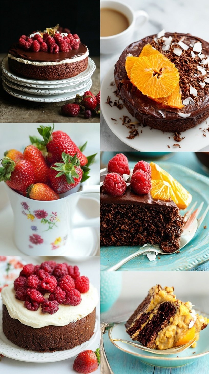A variety of paleo cakes including chocolate and carrot cake on a wooden table