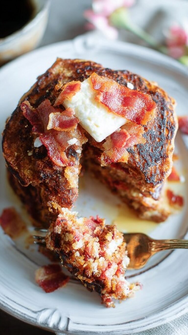 Golden brown paleo pancakes with shredded apples and crispy bacon bits on a white plate