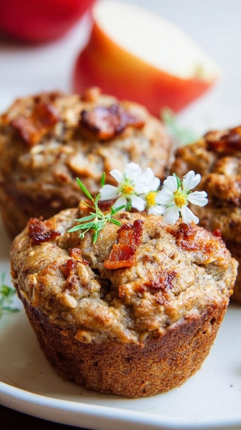 A stack of golden brown paleo apple muffins topped with crispy bacon bits on a wire cooling rack.