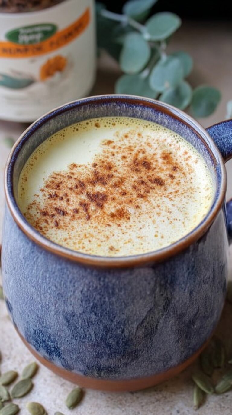A frothy healthy pumpkin spice latte in a ceramic mug with a sprinkle of spice on top.