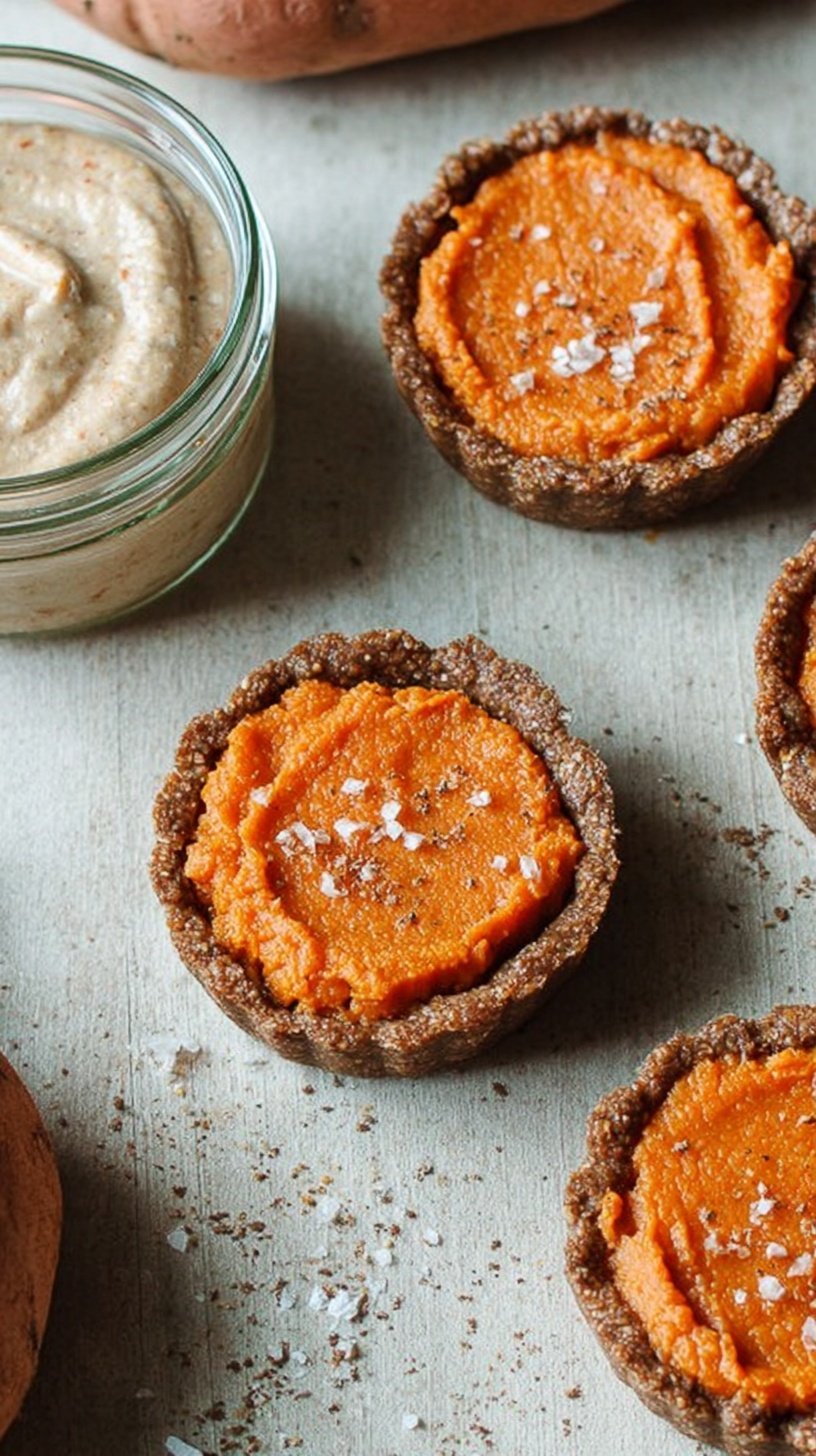 Mini sweet potato tarts in a muffin tin with a golden almond flour crust and smooth orange filling