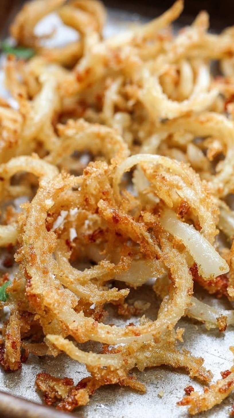 Golden brown crispy fried onion straws on a white plate with paper towels.