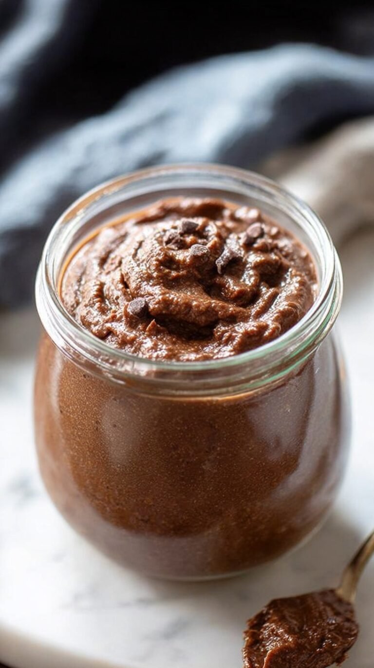 A bowl of silky smooth dark chocolate pudding topped with fresh berries and a sprig of mint.