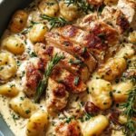 A large skillet filled with creamy garlic chicken gnocchi and fresh green baby spinach.