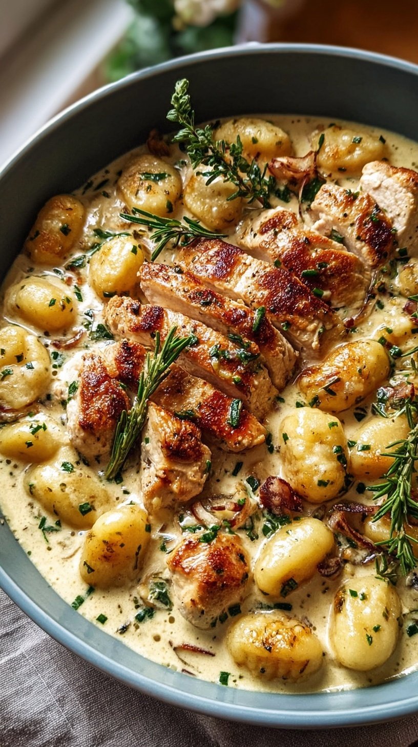 A large skillet filled with creamy garlic chicken gnocchi and fresh green baby spinach.