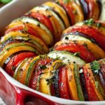 A colorful layered vegetable tian with roasted zucchini, squash, potatoes, and tomatoes in a baking dish topped with golden parmesan.
