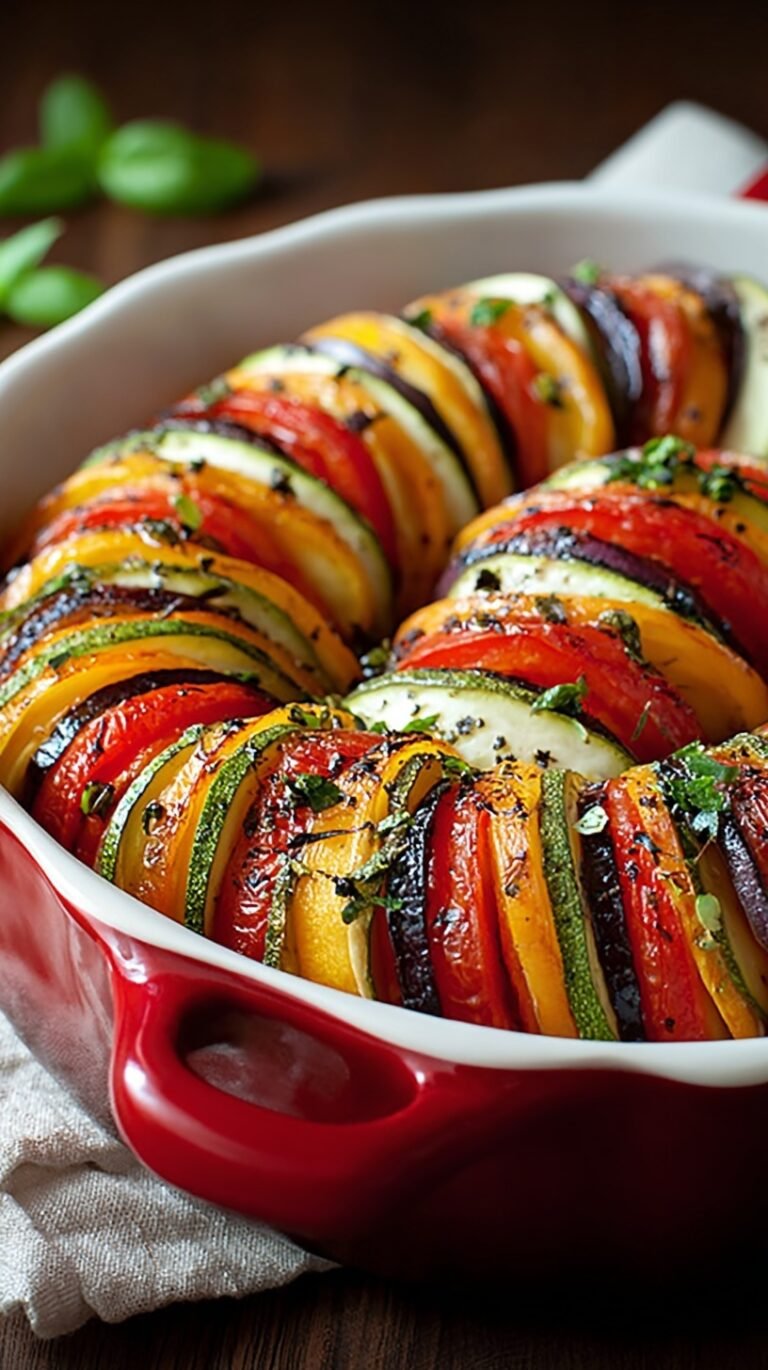 A colorful layered vegetable tian with roasted zucchini, squash, potatoes, and tomatoes in a baking dish topped with golden parmesan.