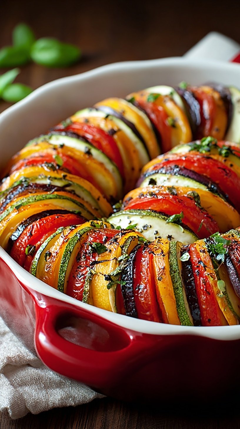 A colorful layered vegetable tian with roasted zucchini, squash, potatoes, and tomatoes in a baking dish topped with golden parmesan.