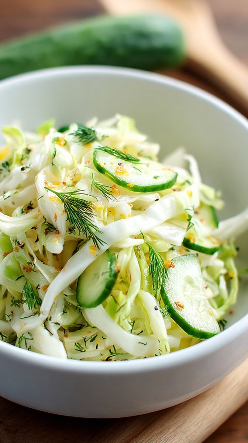 A bright bowl of shredded green cabbage, sliced cucumbers, and red onions tossed with fresh dill and vinegar dressing.