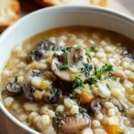 A steaming bowl of hearty mushroom barley soup with fresh parsley on top