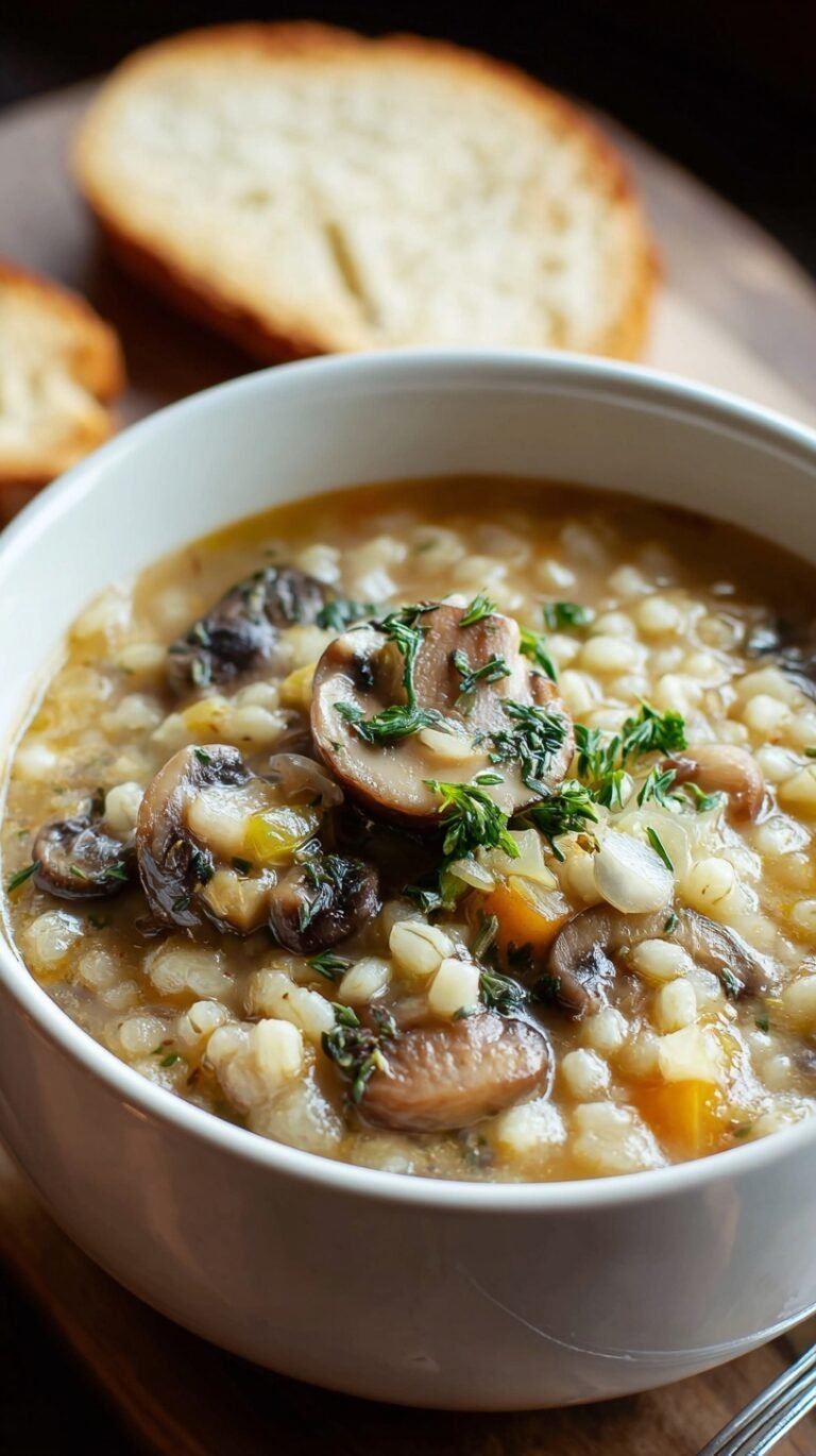 A steaming bowl of hearty mushroom barley soup with fresh parsley on top