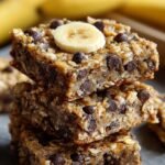 A close-up shot of golden brown easy banana breakfast bars with chocolate chips on parchment paper.