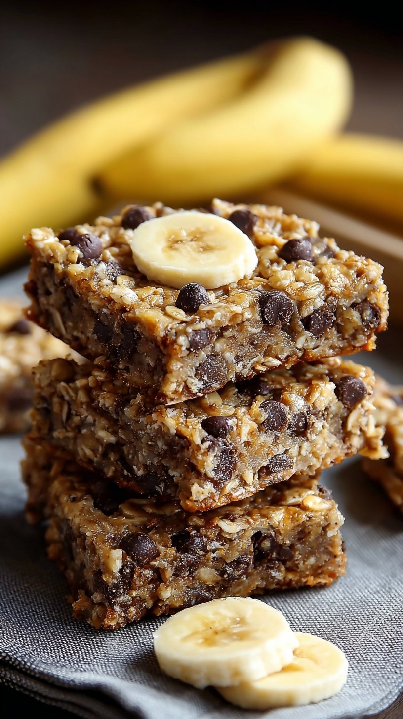 A close-up shot of golden brown easy banana breakfast bars with chocolate chips on parchment paper.