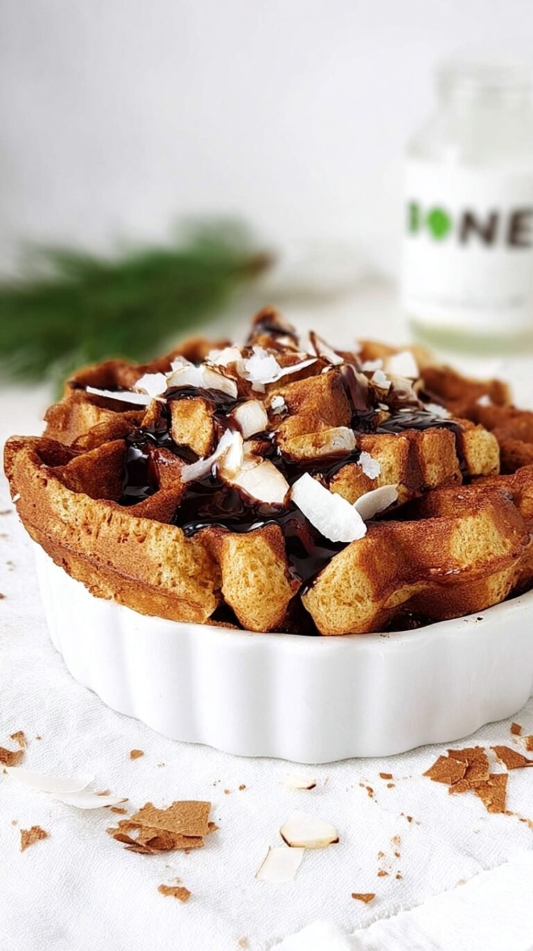 A golden brown protein waffle bread pudding in a square baking dish drizzled with maple syrup