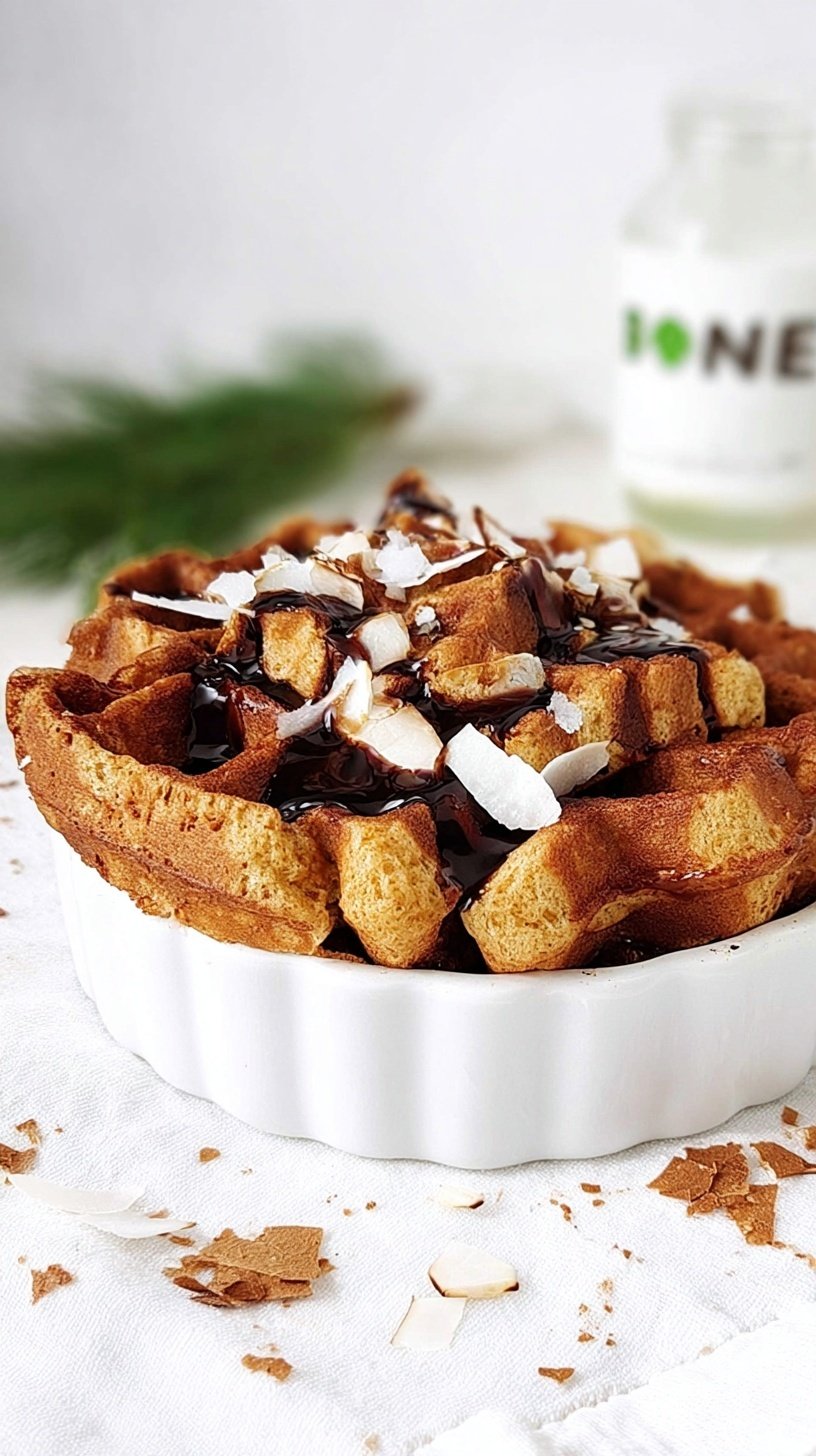 A golden brown protein waffle bread pudding in a square baking dish drizzled with maple syrup