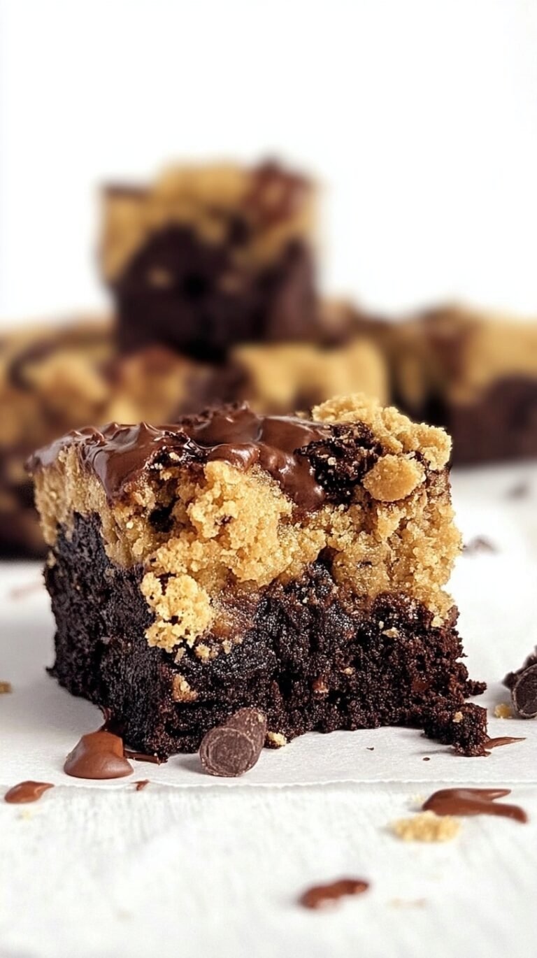 A stack of marbled chocolate and vanilla chickpea brookies with melted chocolate chips on top.