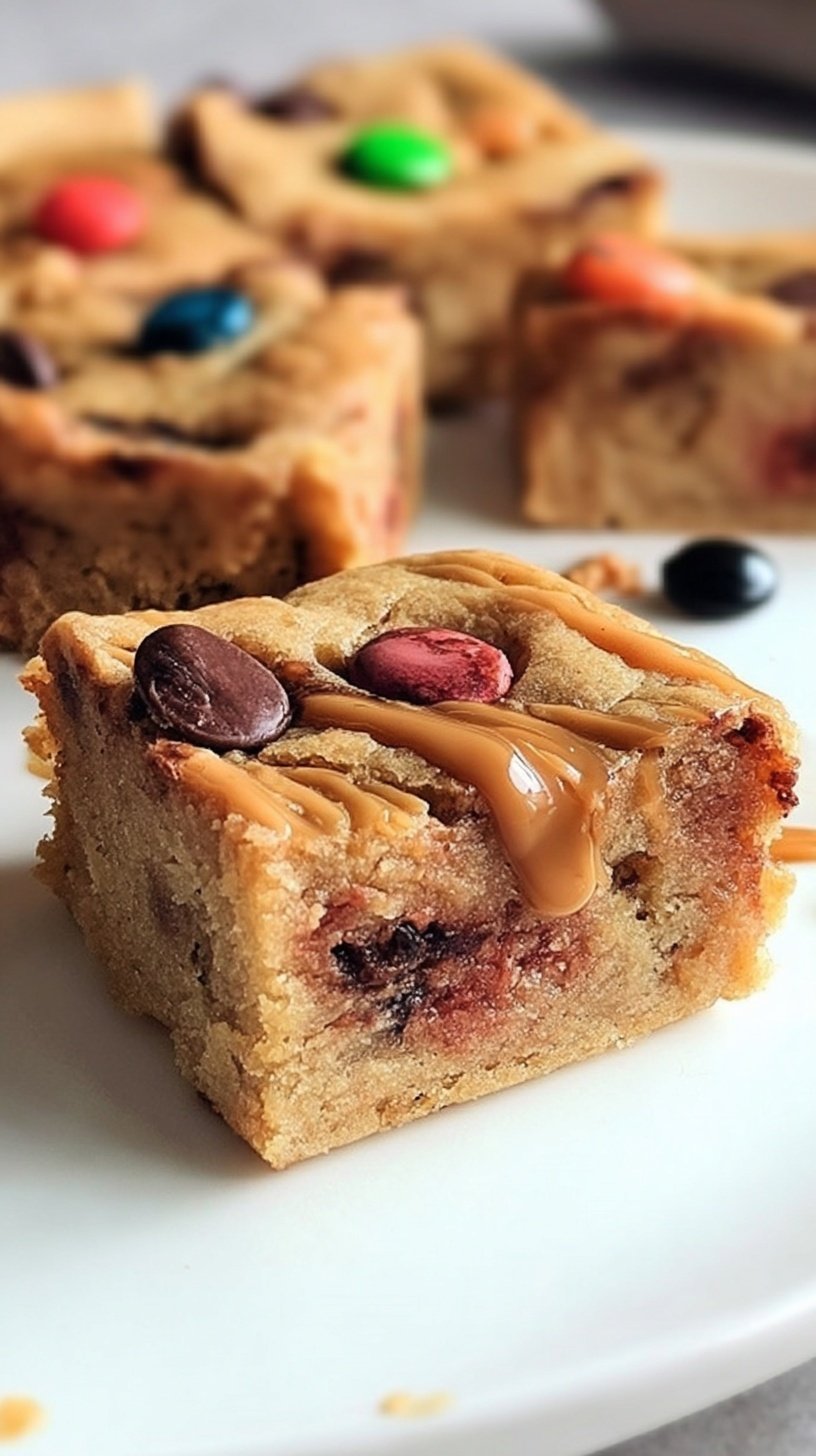 A stack of chewy peanut butter protein blondies with mini chocolate chips in a baking pan.