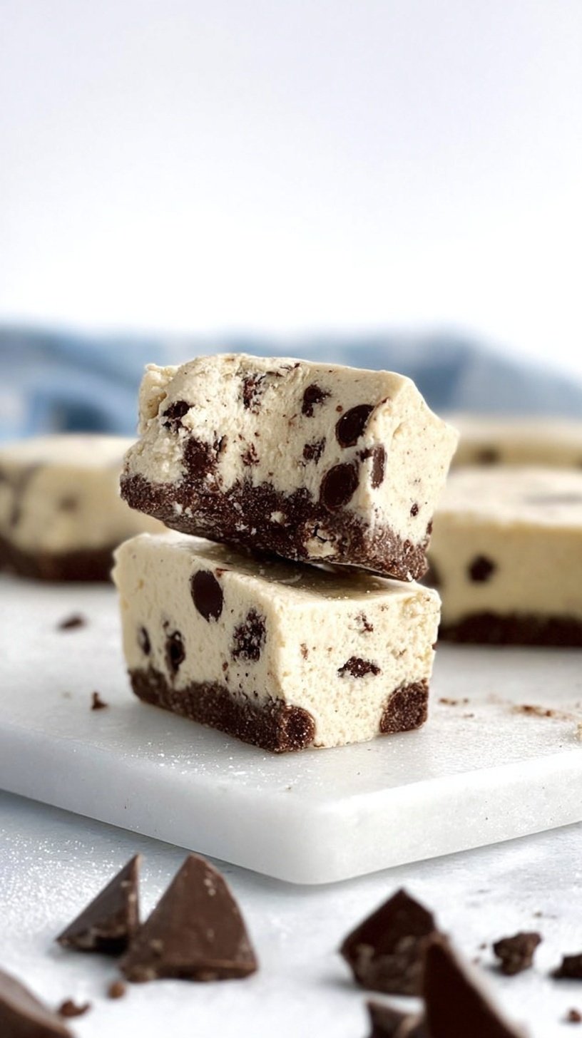 Square pieces of white cookies and cream fudge topped with crushed chocolate cookies on parchment paper