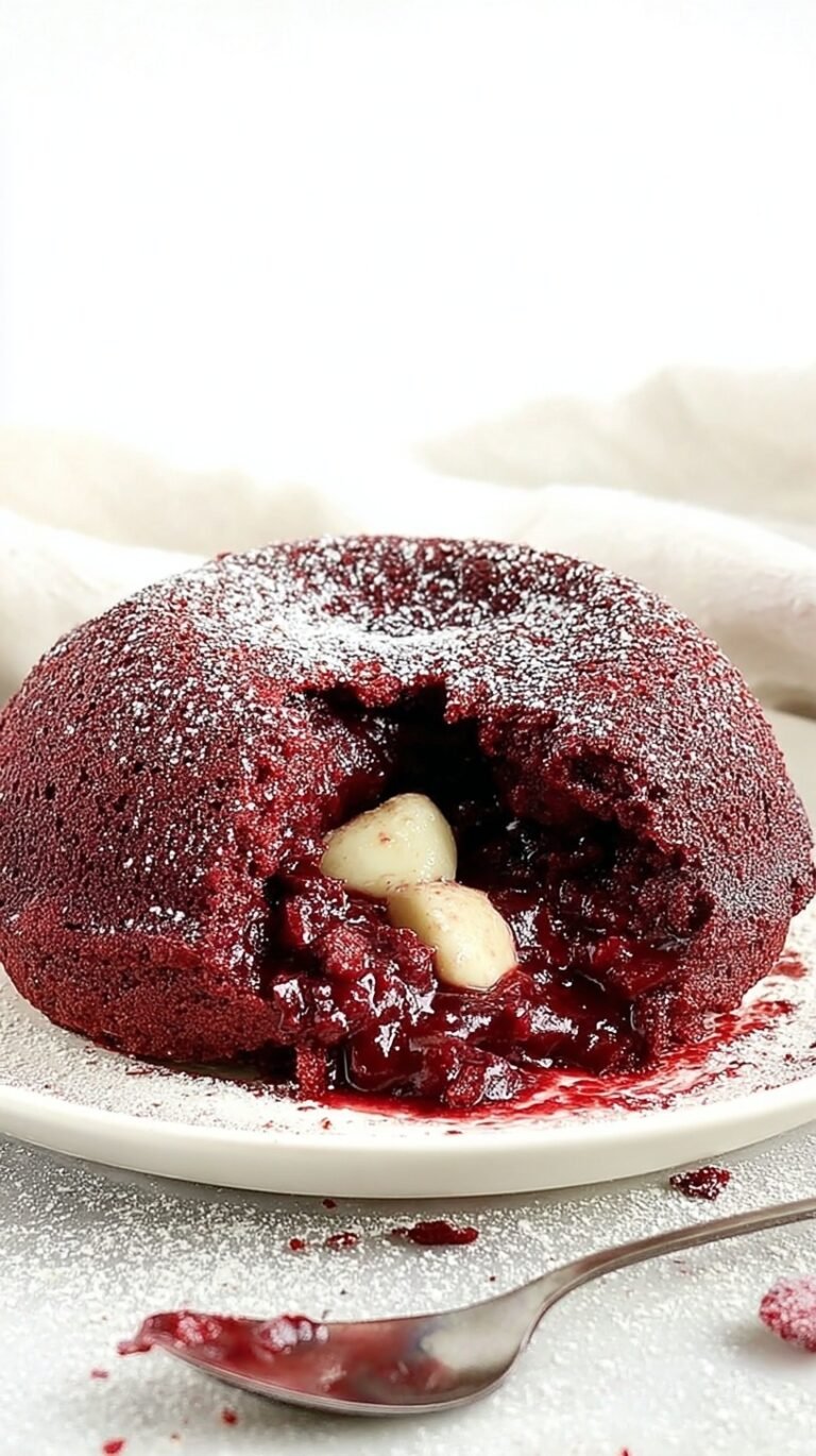 A warm red velvet lava cake in a white ramekin with a molten chocolate center flowing out.