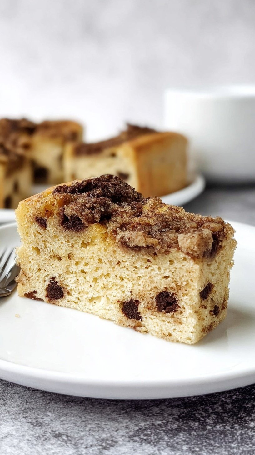 A slice of protein coffee cake with cinnamon streusel on a white plate.