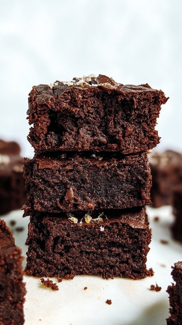 A stack of thick, fudgy chocolate protein brownies on a cooling rack.