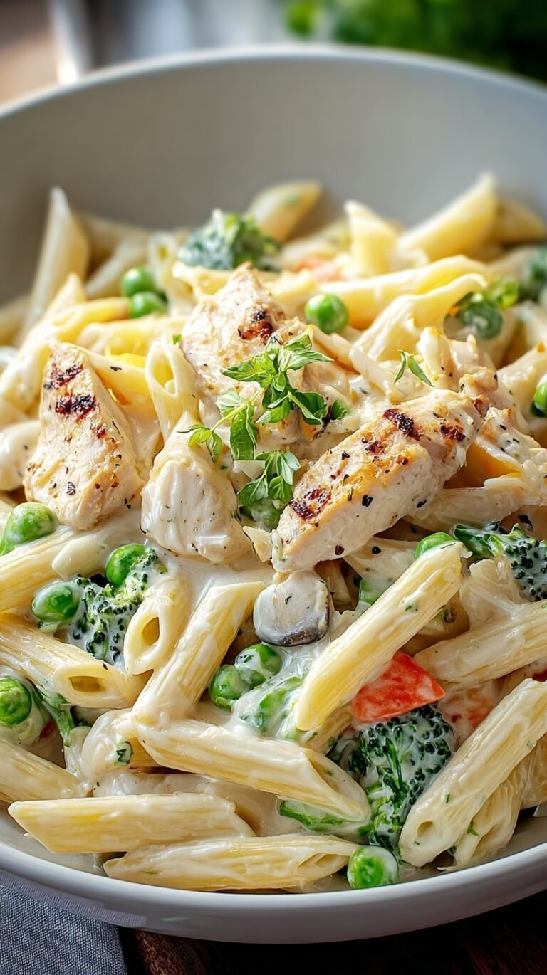 A close-up shot of creamy Chicken Penne Alfredo with broccoli and red peppers in a large skillet.