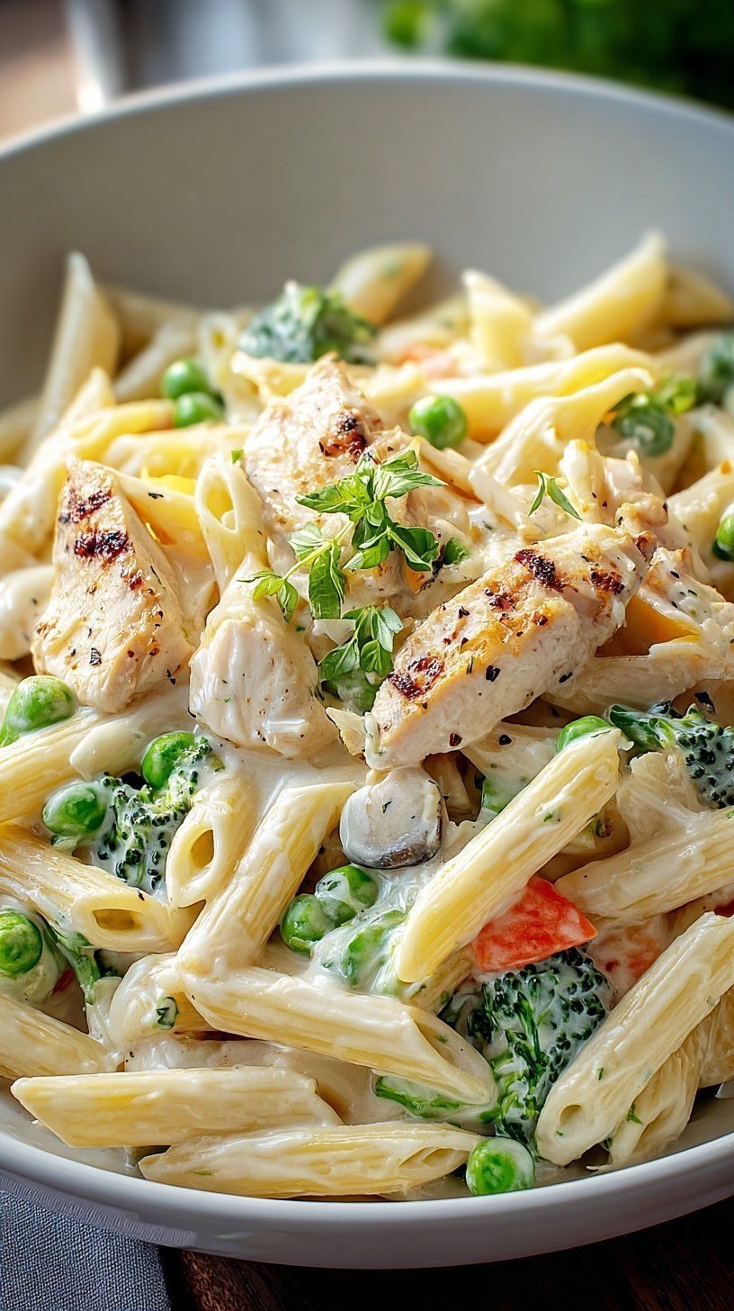 A close-up shot of creamy Chicken Penne Alfredo with broccoli and red peppers in a large skillet.