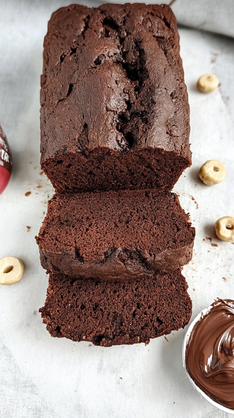 A sliced double chocolate protein loaf with a Nutella swirl on a wire rack.
