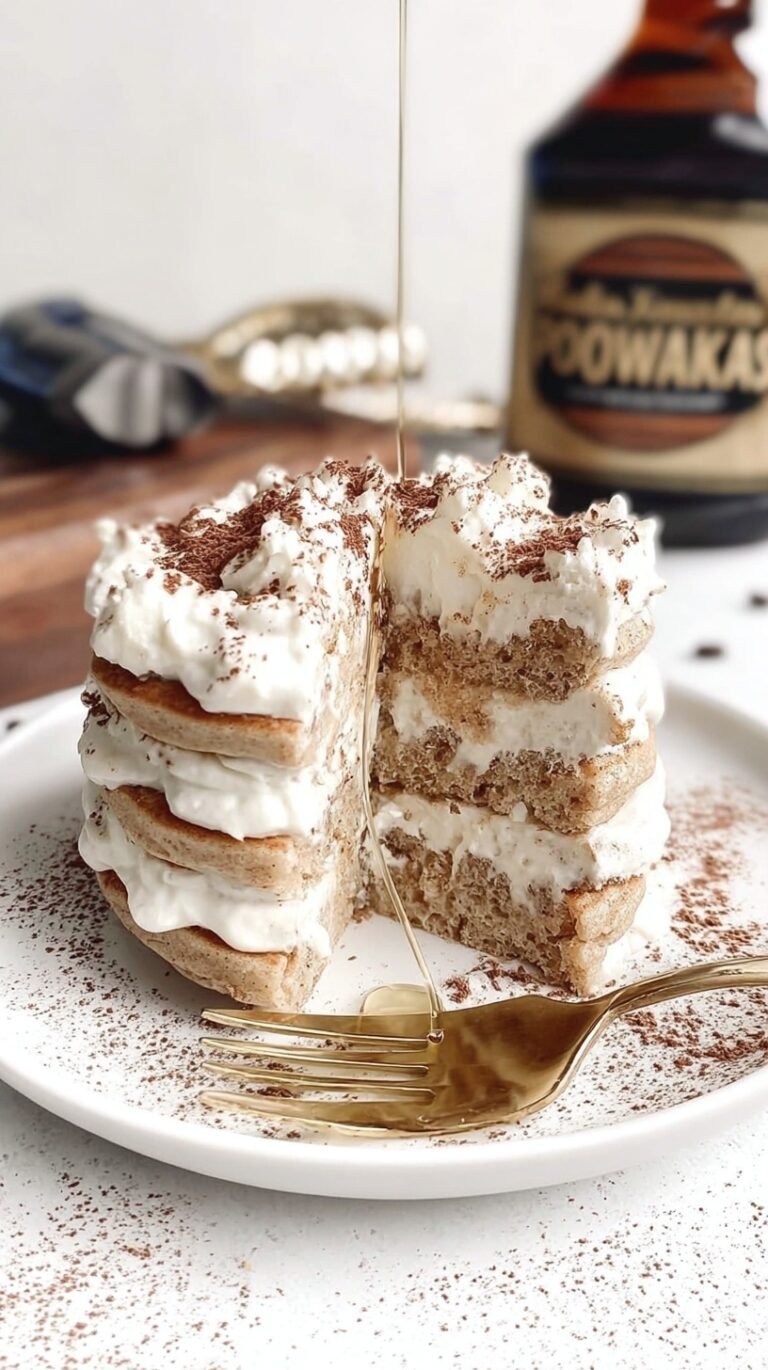 A stack of fluffy tiramisu protein pancakes layered with cream and dusted with cocoa powder on a white plate.