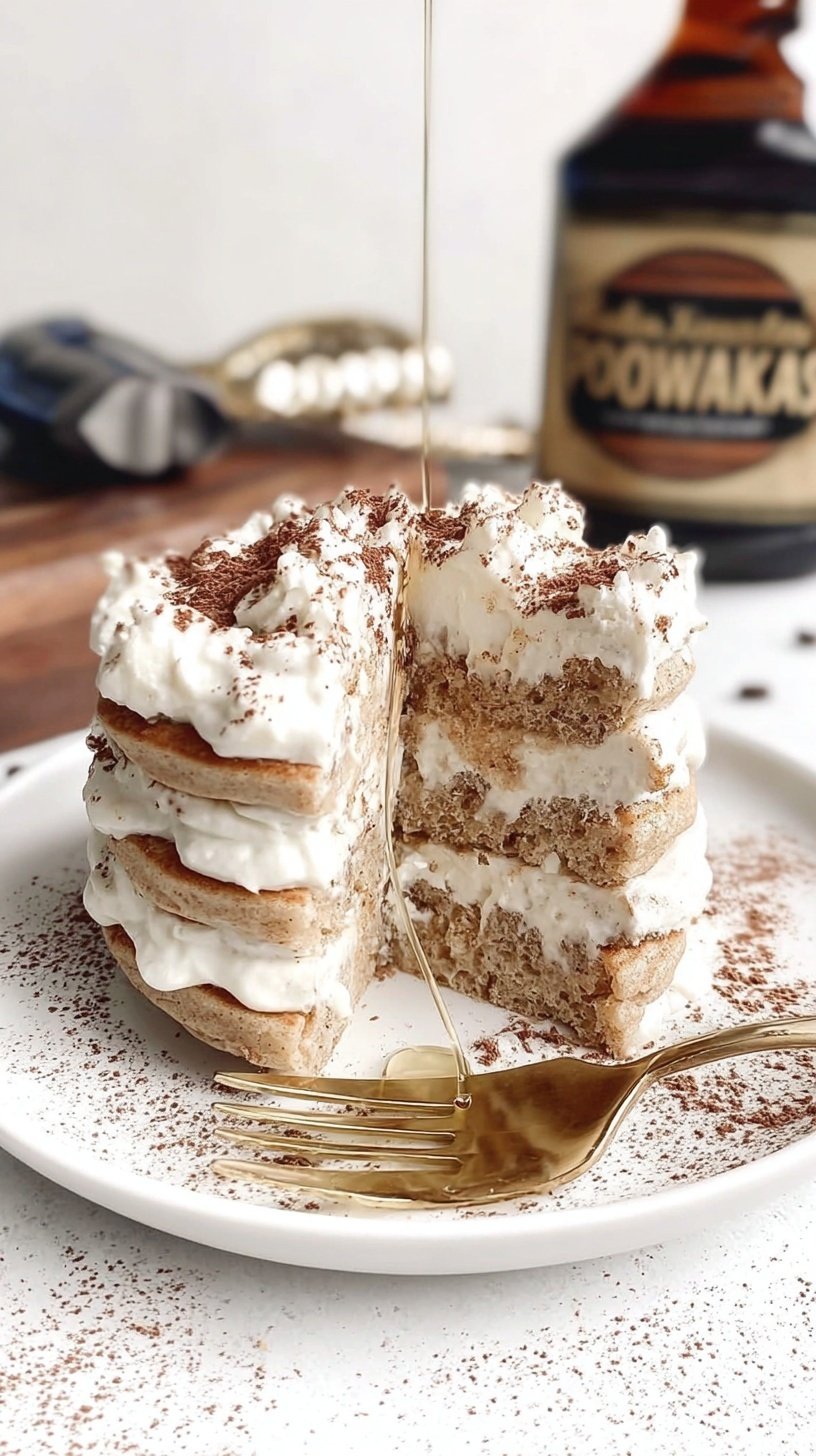 A stack of fluffy tiramisu protein pancakes layered with cream and dusted with cocoa powder on a white plate.