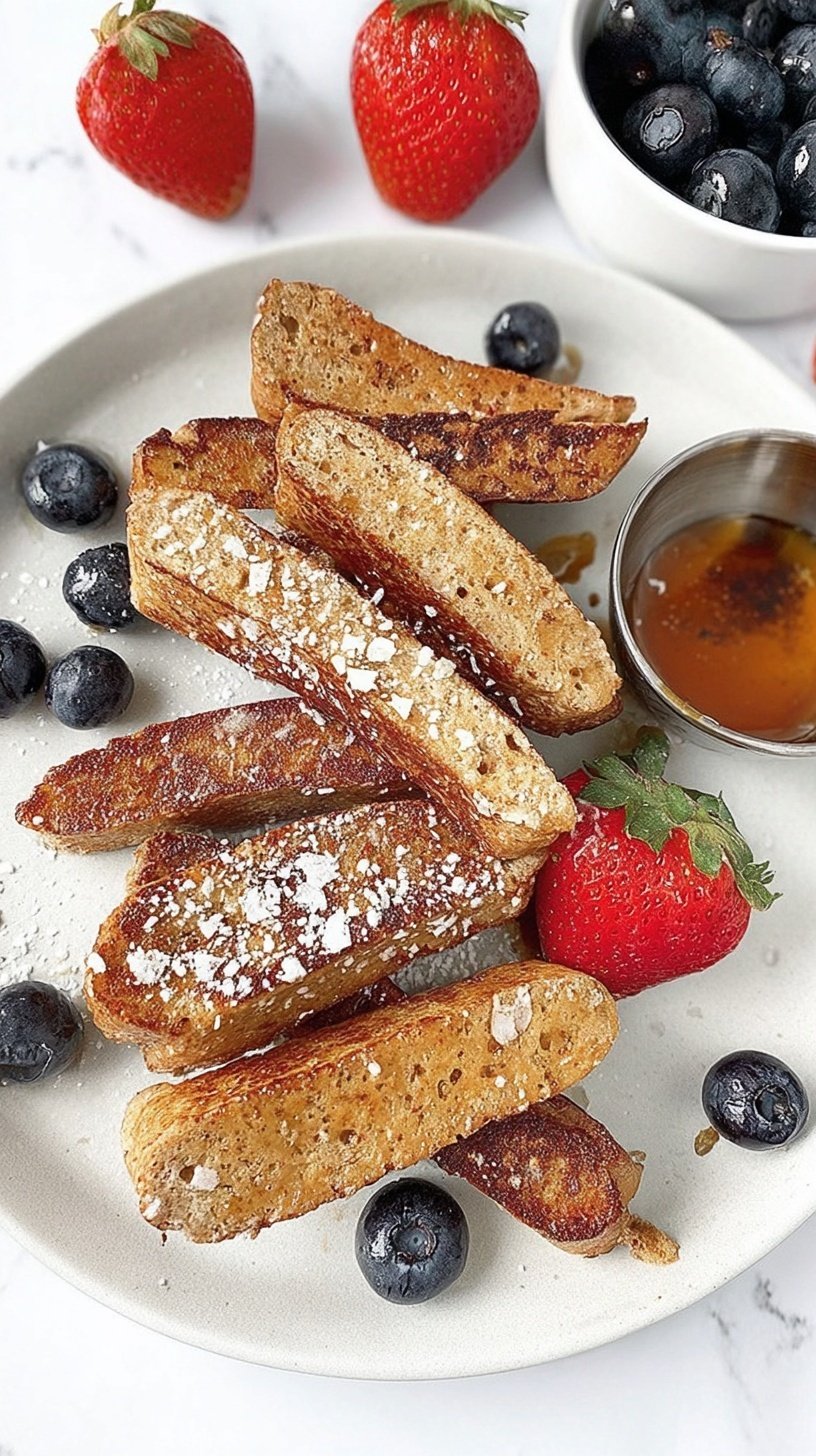 Golden brown protein french toast sticks stacked on a plate with fresh berries and syrup
