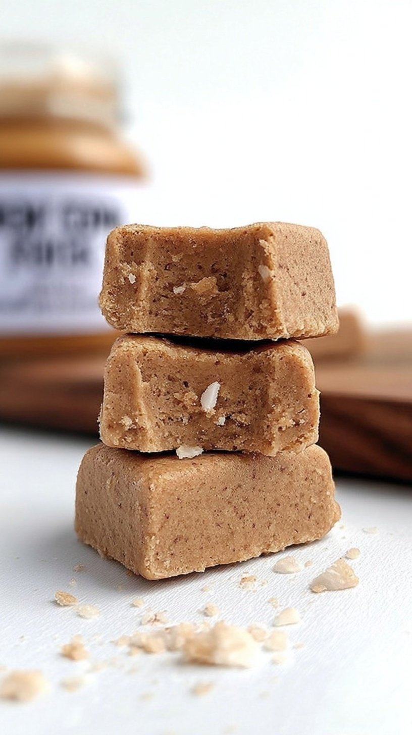 A close up of square pieces of Biscoff protein fudge on a wooden board.